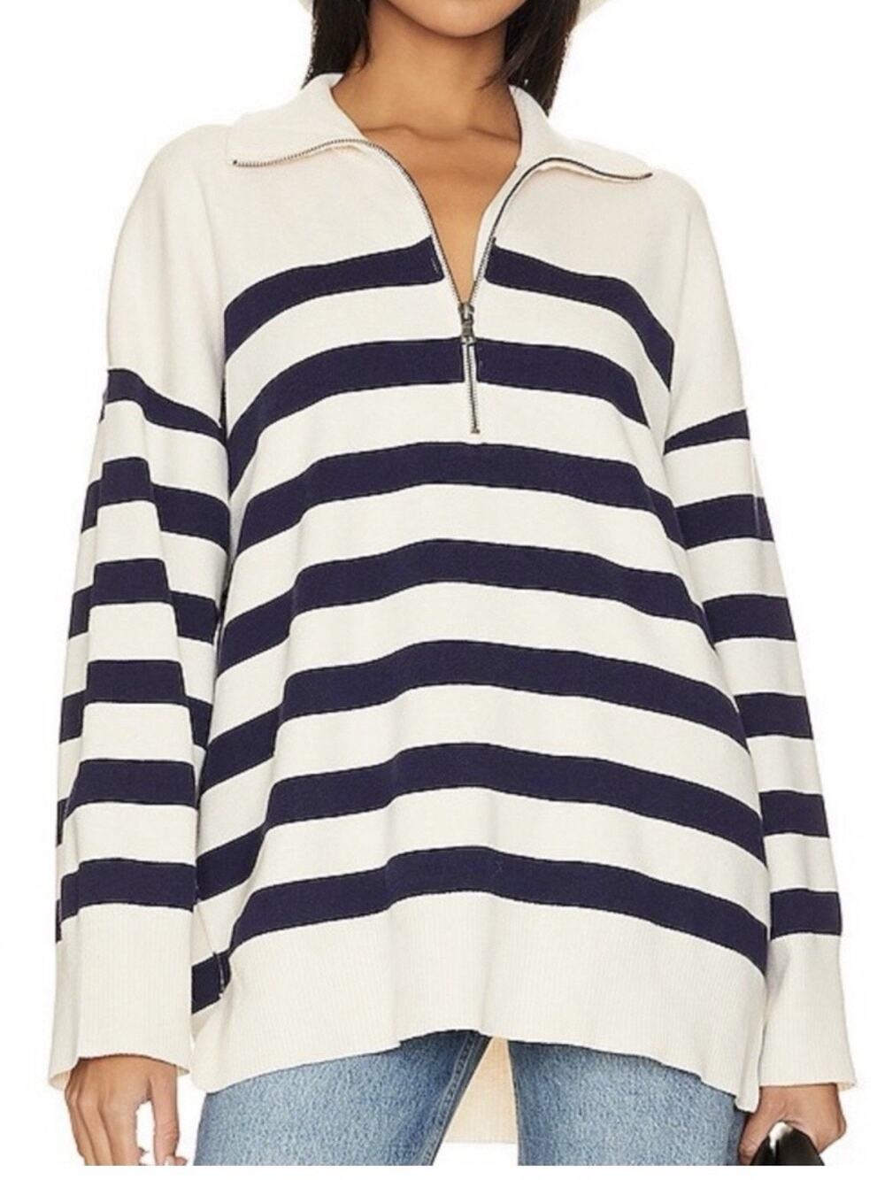 Free People Coastal Blue Stripe Quarter Zip Sweater Size XS Oversized